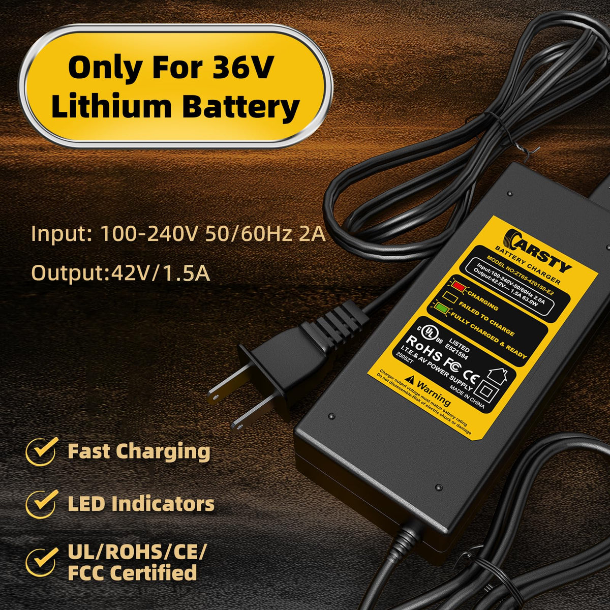 Carsty Hoverboard Charger 42V, Electric Scooter Charger with 5-in-1 Plugs | UL-certified 1.5A fast charging, compatible with Jetson, Segway, Gotrax