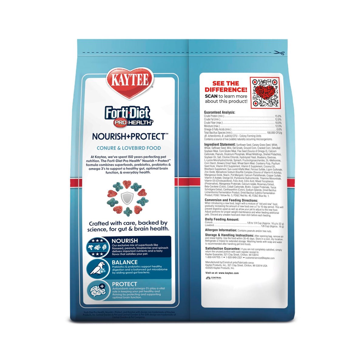 Kaytee Forti-Diet Pro Health Nourish+Protect Conure & Lovebird Food, 4 lb | Balanced digestion. Conure food with prebiotics and probiotics. Parrot food, antioxidants, omega-3s