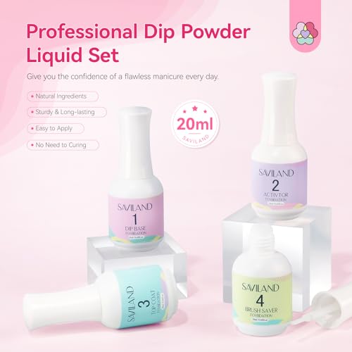 SAVILAND Dip Powder Liquid Set HEMA-free, 4Pcs 20 ml No Curing Needed | Ultimate Nail Dip System Essentials Liquid, Large Capacity, Dipping Base Activator Top Coat Brush Saver, DIY Home Manicure