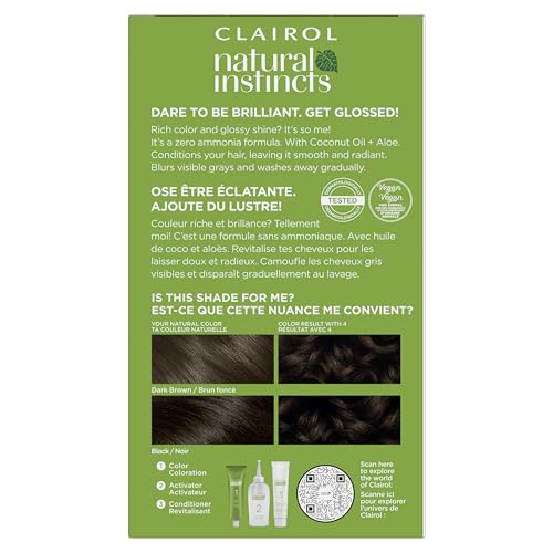 Clairol Natural Instincts Demi-Permanent Hair Dye, 4 Dark Brown | 1 Pack | Ammonia‑Free, Vegan Hair Color with Coconut Oil & Aloe Vera