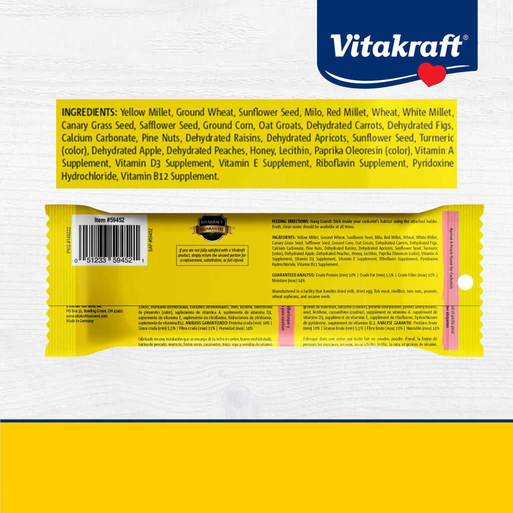 Vitakraft Crunch Sticks Cockatiel Treat Apricot & Peach Flavor - 2 Sticks | Real Dried Fruit, Sweet Honey Coating, Natural Wood Center, Encourages Foraging Chewing, 2 Count Pack
