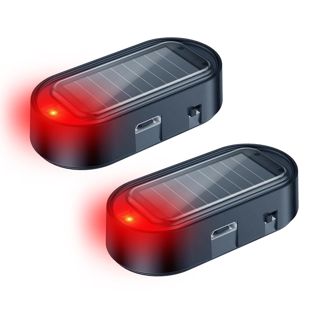 ELECTOP Car Solar Power Simulated Dummy Alarm, Anti-Theft LED Flashing Security, Automotive Warning Safety Light with USB Charging Port, 2PCS (Red)