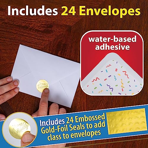 24 Pack Unique Gold Foil Birthday Cards with Envelopes & Stickers | 4x6 Inches Blank Happy Birthday Cards Assortment in Bulk for Family, Kids, Friends, Work & Office Celebrations.