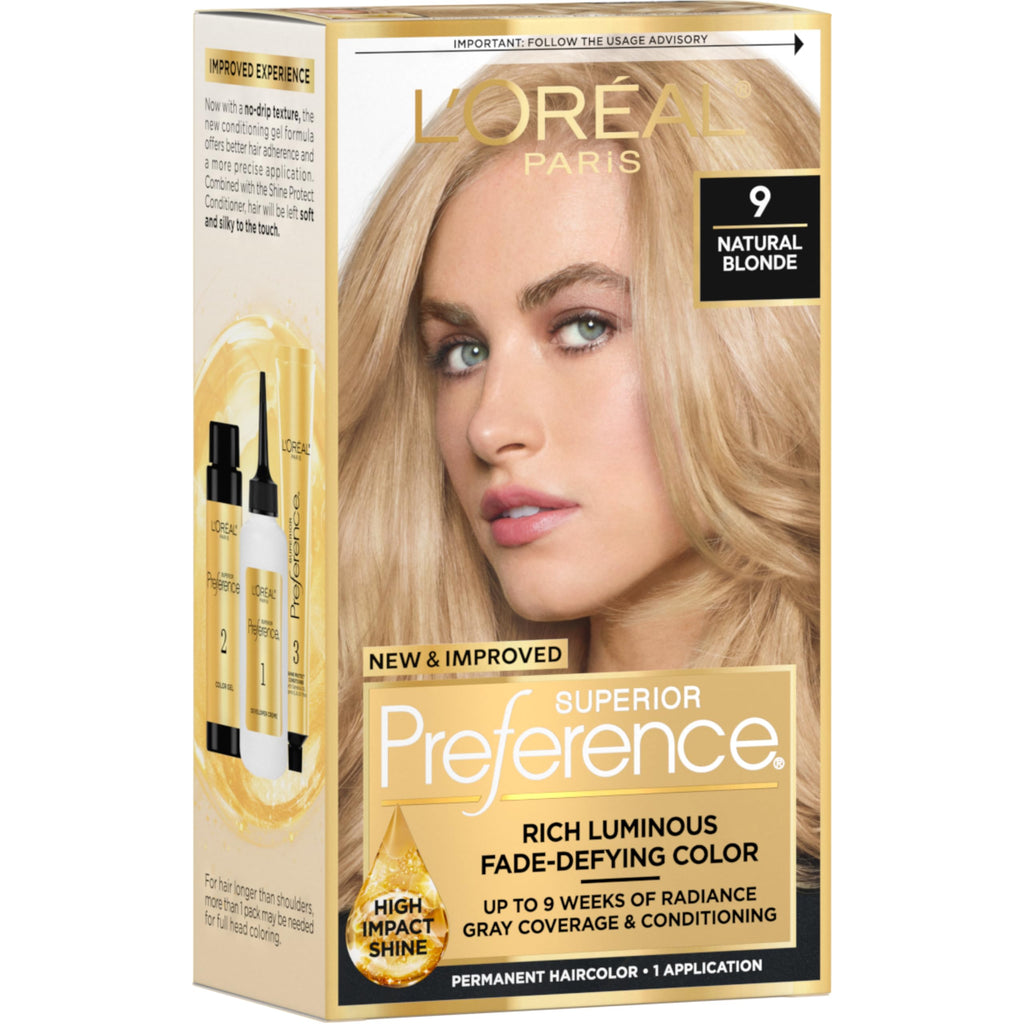 L'Oreal Paris Superior Preference Luminous Fade-Defying Permanent Hair Color, Hair Dye For Up to 9 Weeks of Radiance, Natural Blonde 9, 1 Hair Dye Kit