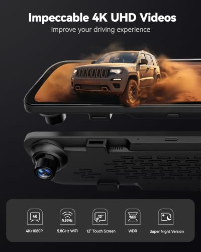 WOLFBOX G840S 12" 4K Mirror Dash Cam Backup Camera with 32GB Card and GPS | 5.8GHz WiFi Smart Rearview Mirror for Cars & Trucks, Front and Rear View Dual Cameras, Night Vision, Parking Assistance