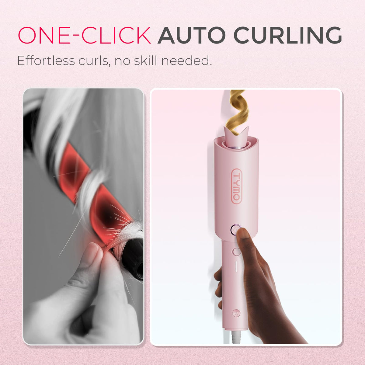 TYMO Automatic Rotating Curling Iron, TYMO CURLPRO Beach Waves Hair Curler | 500 Million Ionic Curling Wand, Dual Voltage, Portable Lightweight for Travel, Ceramic Coating, 1 Inch, Pink