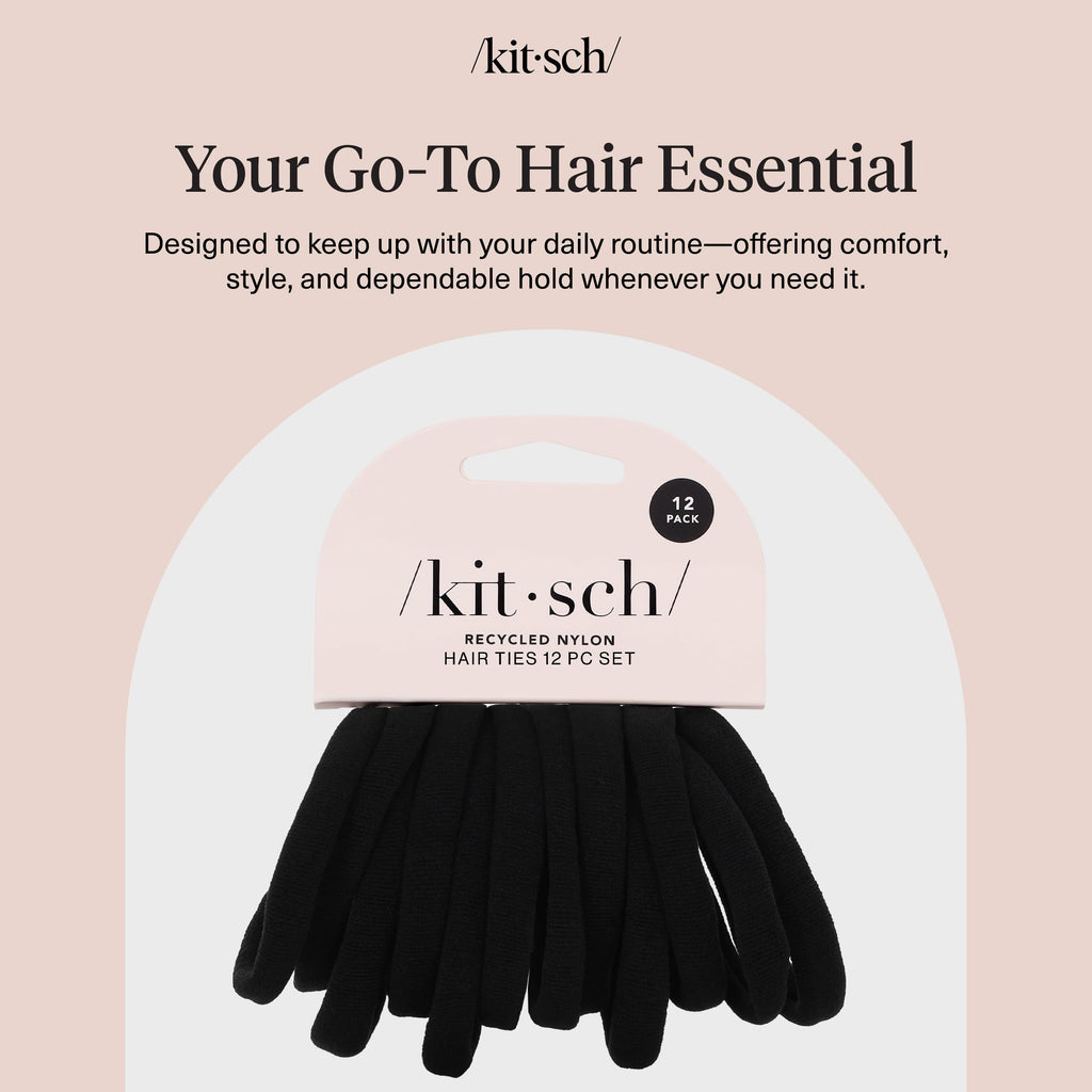 Kitsch Elastic Hair Ties No Damage | Stretchable Hair Bands - Black, 12pcs | Strong All-Day Hold Hair, Rubber Bands For Hair, Ponytail Holders | Hair Accessories for Everyday Use