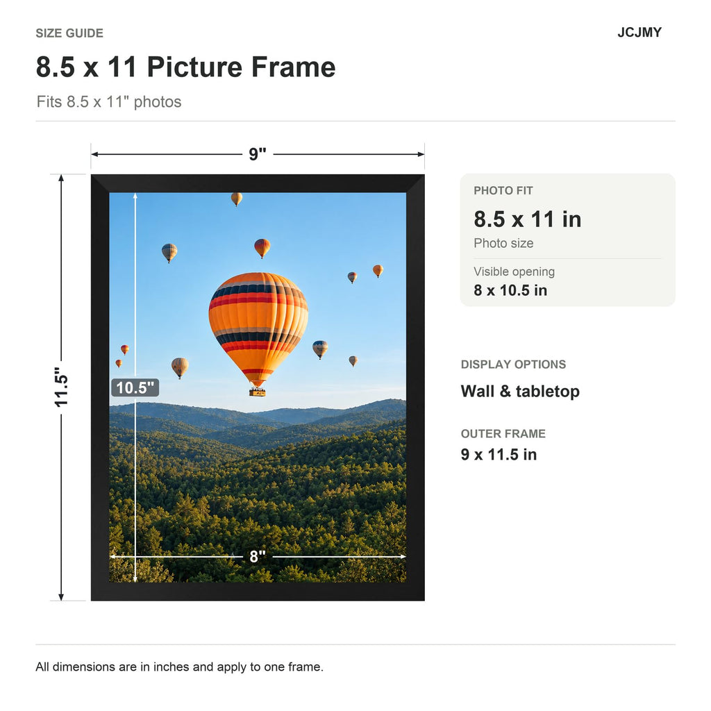 JCJMY 8.5x11 Picture Frame for Wall or Tabletop Display, Black | 8.5 x 11 Certificate Photo Frame with Shatter-Resistant Plexiglass, Sturdy Classic 8.5 by 11 Frame