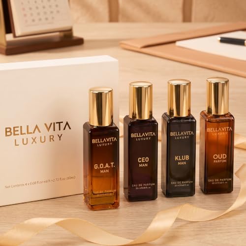BellaVita Luxury Men's Perfume Gift Set with CEO Man, G.O.A.T., KLUB & OUD | 4 x 20ml (80ml) | Long Lasting Perfume for Men | Citrus, Woody, Patchouli & Caramel Notes