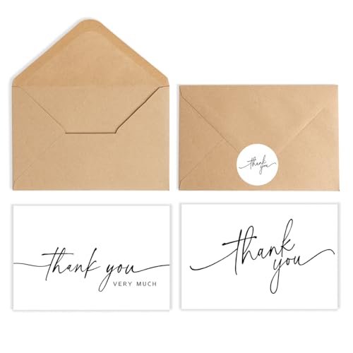 SPIRITDUST 52-pack Thank You Cards Bulk with Kraft Envelopes & Matching Stickers, 3.5x5 Inches, Minimalist Design | Perfect for Business, Weddings, Baby & Bridal Showers, Graduations & Funerals.