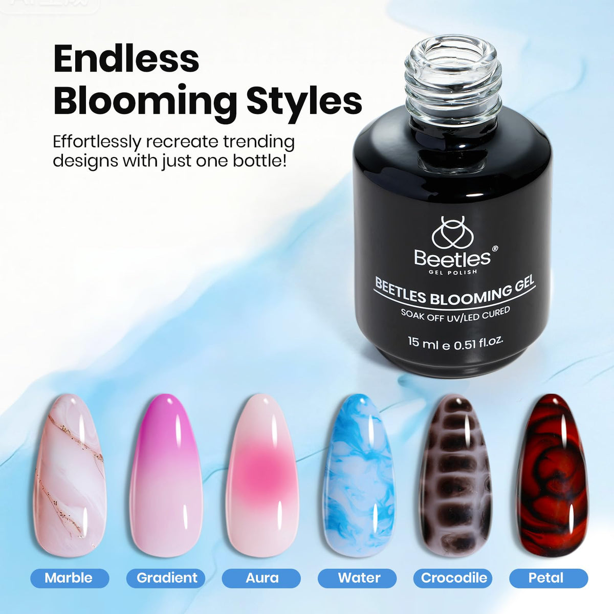 Beetles Blooming Gel 15 ml Clear UV Gel Polish Nail Art for Tortoise Nails | Marble and Natural Stone, Watercolor and Floral Print Spreading Effects, Soak-Off DIY Manicure Design