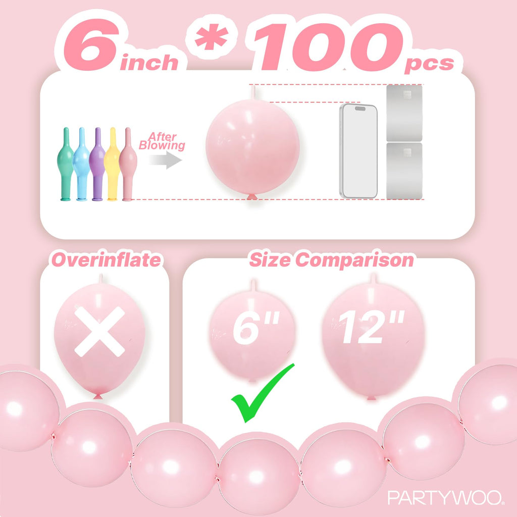 PartyWoo Pastel Linking Balloons 100pcs 6 Inch Rainbow Link Balloons | for Baby Shower Gender Reveal Engagement Bachelorette Easter Bridal Shower Anniversary Birthday Graduation Party Decorations