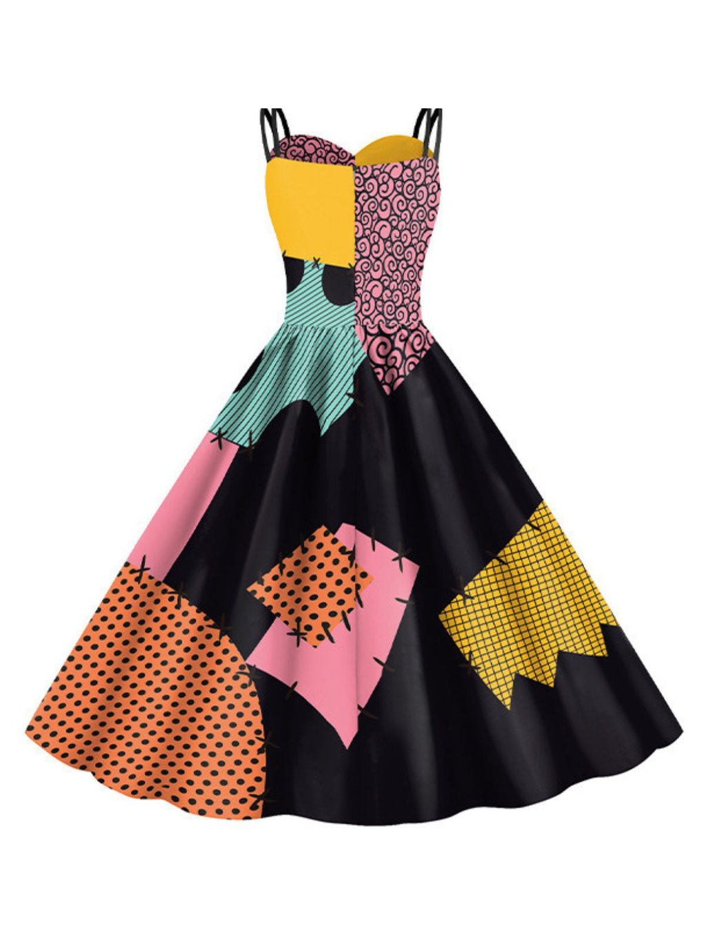 Multicolor 1950s Nightmare Before Christmas Sally Colorblock Dress