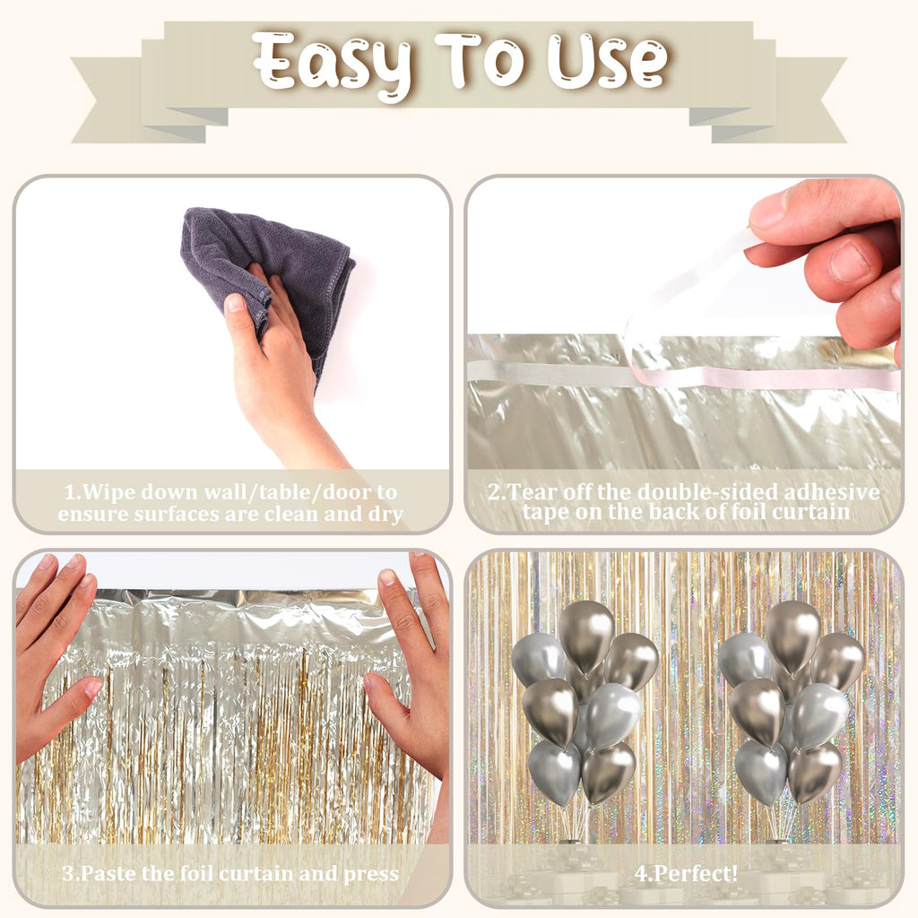 Voircoloria Champagne Foil Fringe Backdrop Curtains, 3.3x6.6ft, 3pcs | Tinsel Streamers, Birthday Party Decorations, Baby Shower, Gender Reveal, Graduation