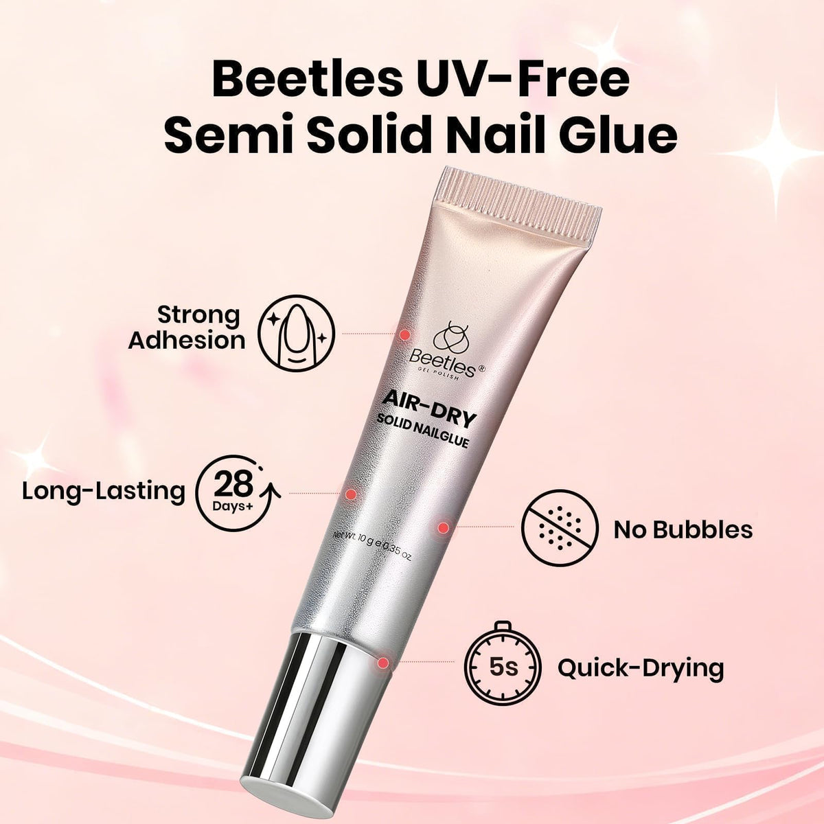 Beetles Semi Solid Nail Glue, 10g Super Strong Nail Glue for Press Ons | No UV Lamp Needed, Air-Dry Formula with Gap-Filling Texture for Easy Control, Quick-Drying Long-Lasting Hold