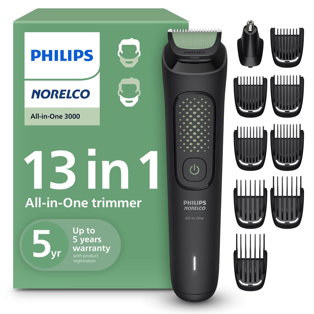 Philips Norelco All-in-One 3000 13-in-1 Trimmer, Face & Hair, Comfort Tips | Men's Complete Grooming Kit, Comfort Blades, 9 Length Settings, Beard & Hair Styling, Nose & Ear Trimmer, 60-Minute Runtime