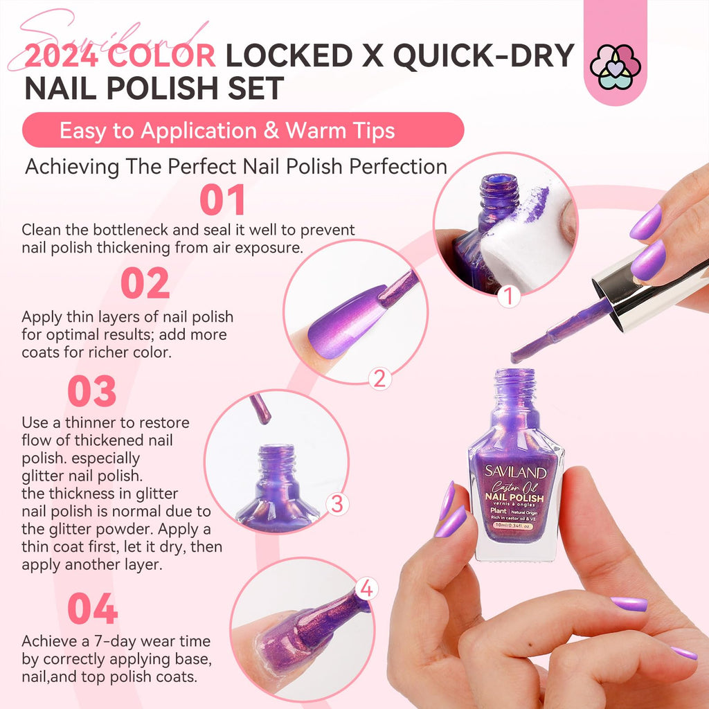 SAVILAND 6Pcs Ombre Nail Polish Set Charm Pink Blue Gold Purple | Quick Dry Pearl Summer Fingernail Polish Colors, Plant-based Castor Oil, Natural Nail Lacquer, Women Gift Home Manicure DIY