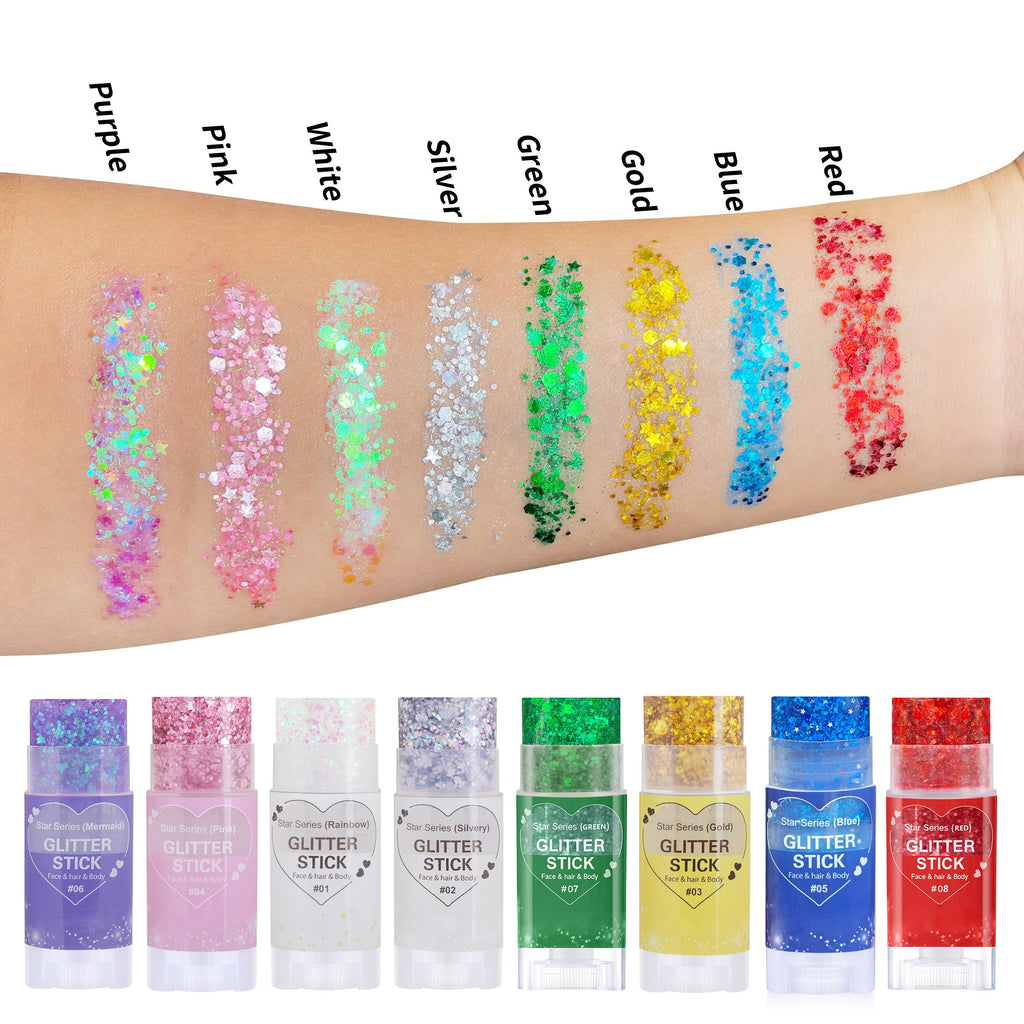 Paminify Rainbow White Hair Glitter Stick for Kids,Halloween Mermaid Costume Body Face Glitter, Singer Concert Cosplay Glitter Makeup,Waterproof Sequins Rave Outfit for Women,Mardi Gras Accessories
