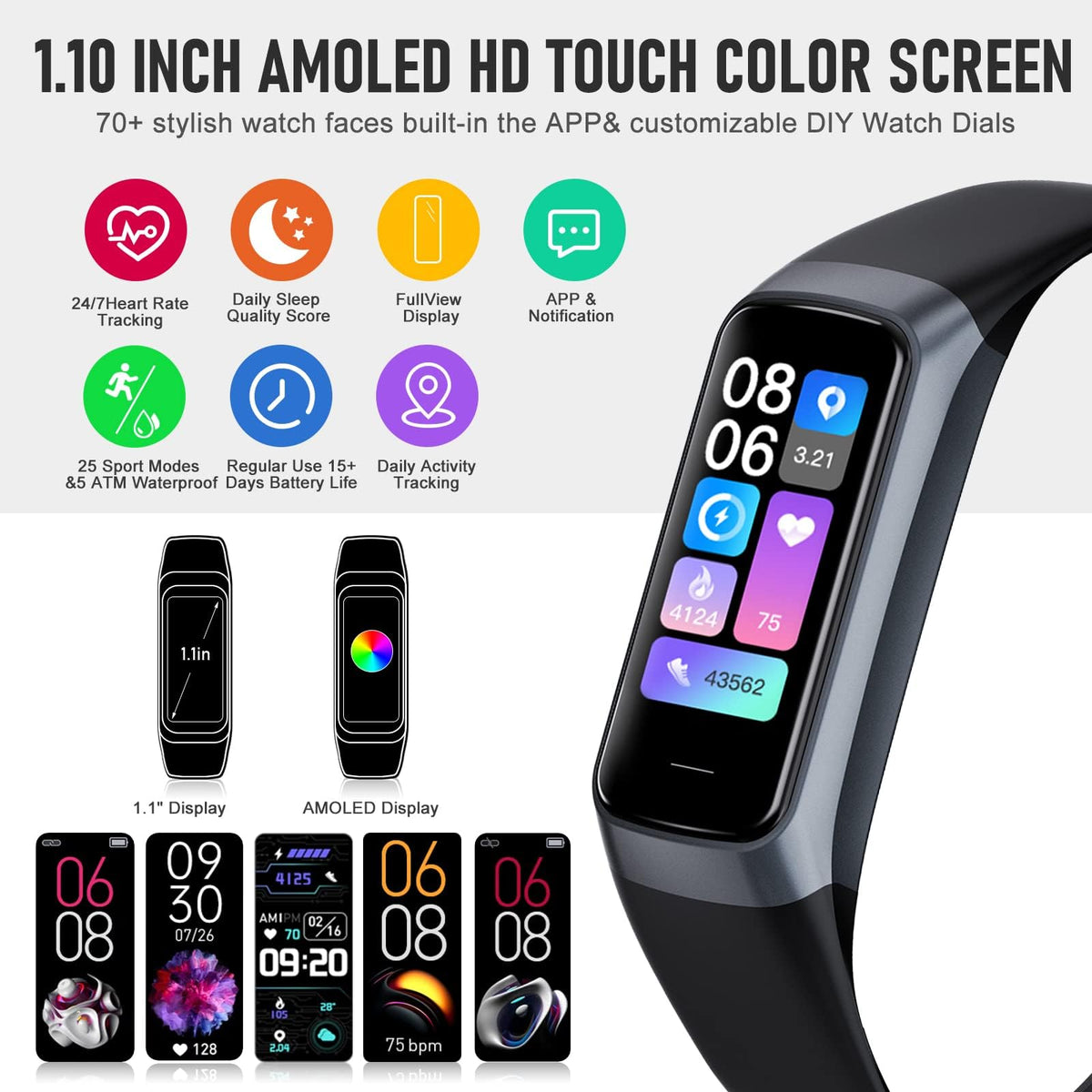Fitness Tracker with 24/7 Heart Rate, Activity Trackers with Blood Pressure Sleep Monitor, 1.10" AMOLED Screen Step Tracker, Waterproof Step Counter, Health Smart Watch Pedometer for Women Men