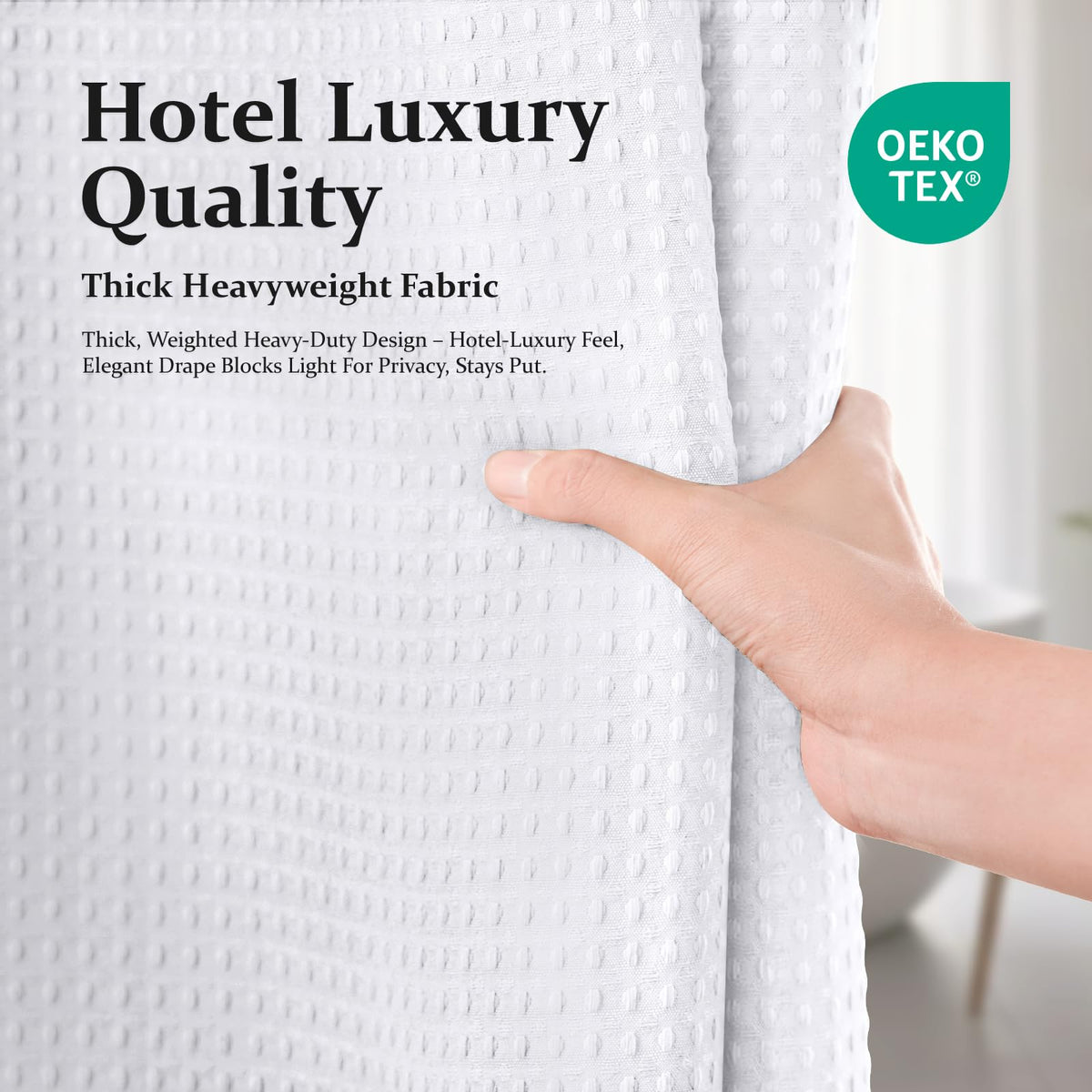 Dynamene Waffle Shower Curtain 256 GSM Heavy Duty Fabric 72"x72" White | Thick Textured Cloth, Weighted Hem, Water Repellent Washable, Hotel Luxury Polyester Shower Curtain Set for Bathroom 12 Hooks