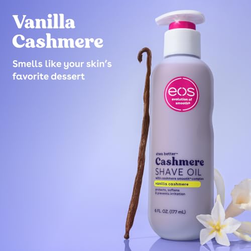 eos Vanilla Cashmere Shave Oil- Moisturizing Natural Shea Butter, 6 fl oz | Blend of Shea, Cocoa, & Argan Butters & Oils, Nourishing Formula to Minimize Irritation, 100% Vegan & Cruelty-Free