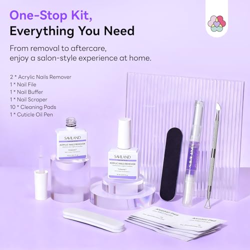 SAVILAND 2 Pcs Gentle Acrylic Nail Remover Kit Set for Acrylic Nails | No soaking, No wrapping, Cuticle Oil & Nail File Tools, Zero Residue, Remove Dip Nails Gel Nail Polish, Home Salon Use