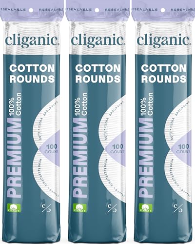 Cliganic Premium Cotton Rounds for Face, Makeup Remover Pads, 300 Count | 100% Pure, Lint-Free, Hypoallergenic, Soft & Absorbent for Toner & Serum, Gentle Facial Use, No Shedding