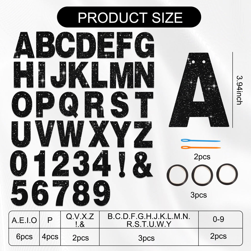 BEISHIDA Glitter Black 116 PCS A-Z DIY Letter Custom Banner Party Decor | 111 Letters&Numbers,3 Rope,2 Threading Device,Personalized Party Banner Decorations,Birthday,Graduation,Wedding