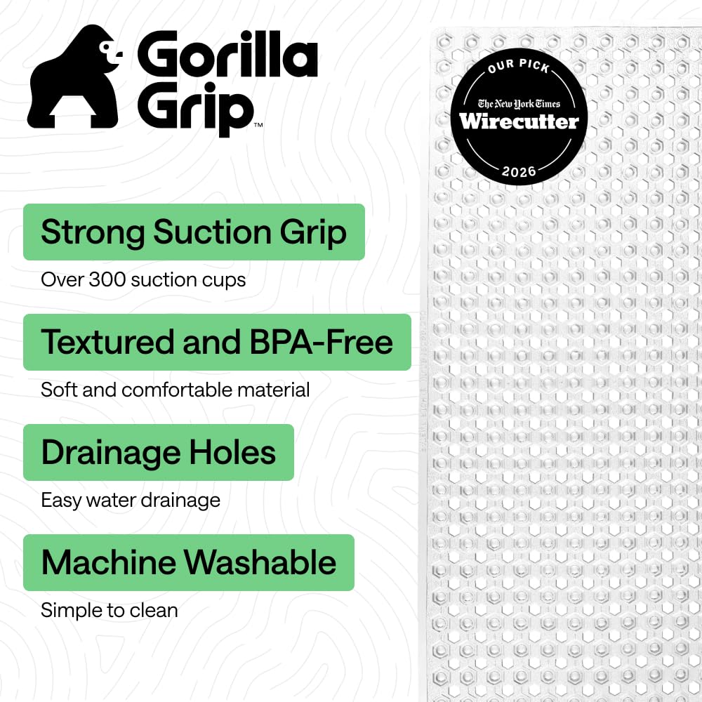 GORILLA GRIP Bath Tub Shower Mat, Bathtub Floor Liner, 35x16 Clear | Patented Large Mats, Machine Washable, Suction Cups and Drain Holes to Keep Tubs Clean, Soft on Feet, Bathroom Essentials