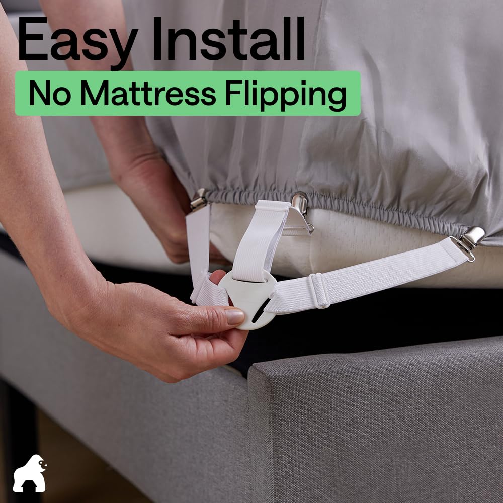 GORILLA GRIP Patented Fitted Bed Sheet Holders for Corners, 4 Pack White | Adjustable Elastic Fasteners with Straps with Metal Clips, Keeps in Place Bedding Sheets, Tight Suspenders for Mattress