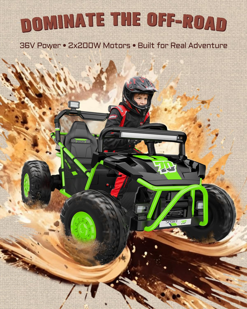First Ride On 36V Kids Ride On UTV, 2-Seater 400W Electric Car for Kids 6+, 5-8 MPH Speed, 14" EVA Wheels, Metal Frame, Bluetooth Music, Rear Metal Suspension Off-Road Vehicle (Green)