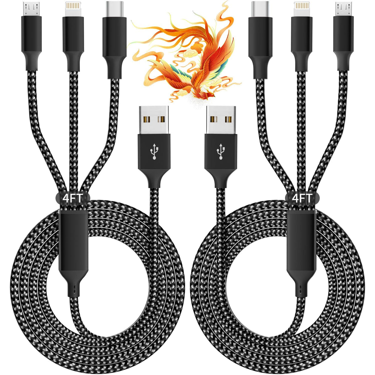 3 IN 1 Multi Charging Cable, Phone Chargers for Multiple Devices, 2Pack 4FT | USB Cable Charging Cords with Type-C, IP, Micro USB for iPhone 17-8/Android/Office/Home, Car Accessories Travel Essentials