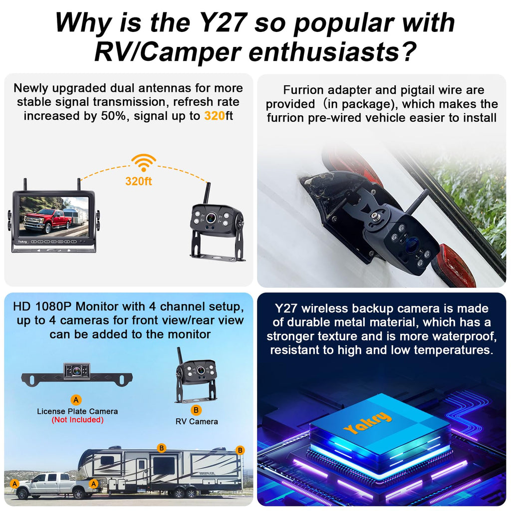 RV Backup Camera Wireless Plug and Play: Pre-Wired for Furrion Easy Install | 1080P HD Recording Wide View Rear View Camera Clear Night Vision Strong Signal 7'' Monitor for Trailer Camper Motorhome Yakry
