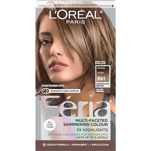 L'Oreal Paris Feria Multi-Faceted Shimmering Permanent Hair Color, B61 Downtown Brown (Hi-Lift Cool Brown), 1 Hair Dye Kit