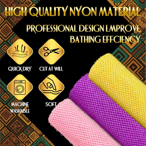 UJFQBH 3 Pack African Net Sponge, African Exfoliating Net Bath Sponge Long Net Bath Sponge Exfoliating Shower Body Scrubber Back Scrubber Skin Smoother,Great for Daily Use (Pink,Yellow,Purple)