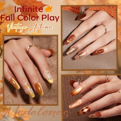 modelones Cat Eye Magnet 15PCS Brown Cat Eye Gel Polish Nail Stuff, Multi-shape Heart Moon Flower Square Effects with Bead-Attracting Nail Art Tool, UV/LED Lamp Required, DIY Halloween Nail Art