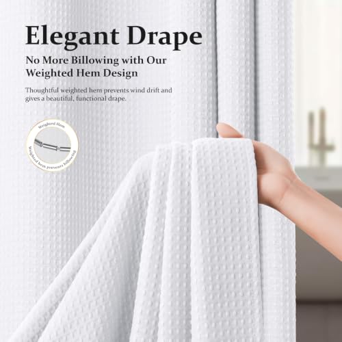Dynamene Waffle Shower Curtain 256 GSM Heavy Duty Fabric 72"x72" White | Thick Textured Cloth, Weighted Hem, Water Repellent Washable, Hotel Luxury Polyester Shower Curtain Set for Bathroom 12 Hooks