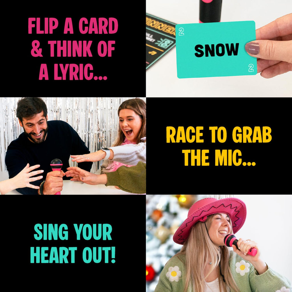 Grab The Mic - Award Winning Karaoke Party Game for Bad Singers w Foam Mic | 120 Word Cards (250 Words), 2-12 Players for Ages 8+. Perfect For Family Game Night, Birthdays & Sing-Off Parties.