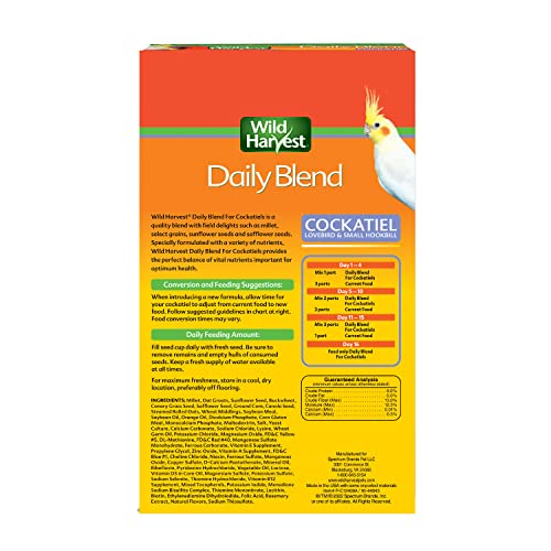 Wild Harvest Daily Blend Bird Food for Cockatiels, 2 lbs. | For Cockatiels, Lovebirds & Small Hookbills, Quality Blend Made With Millet, Select Grains, Sunflower Seeds & More