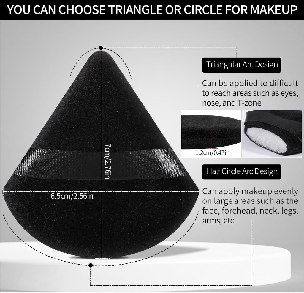 Pimoys Powder Puffs, 6 Pack Triangle Makeup Puff, Black | Soft Velour, Triangle and Round Design, Washable, Finger Strap, for Loose Powder