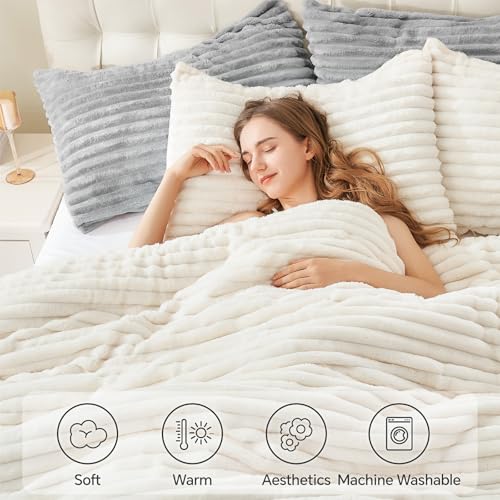 BEDELITE Fleece Queen Comforter Set, Fluffy Bed Set, Cream White | Super Soft & Warm Bedding, Luxury Fuzzy Faux Fur Comforter for Winter, Heavy Plush Bedding, with 2 Pillowcases