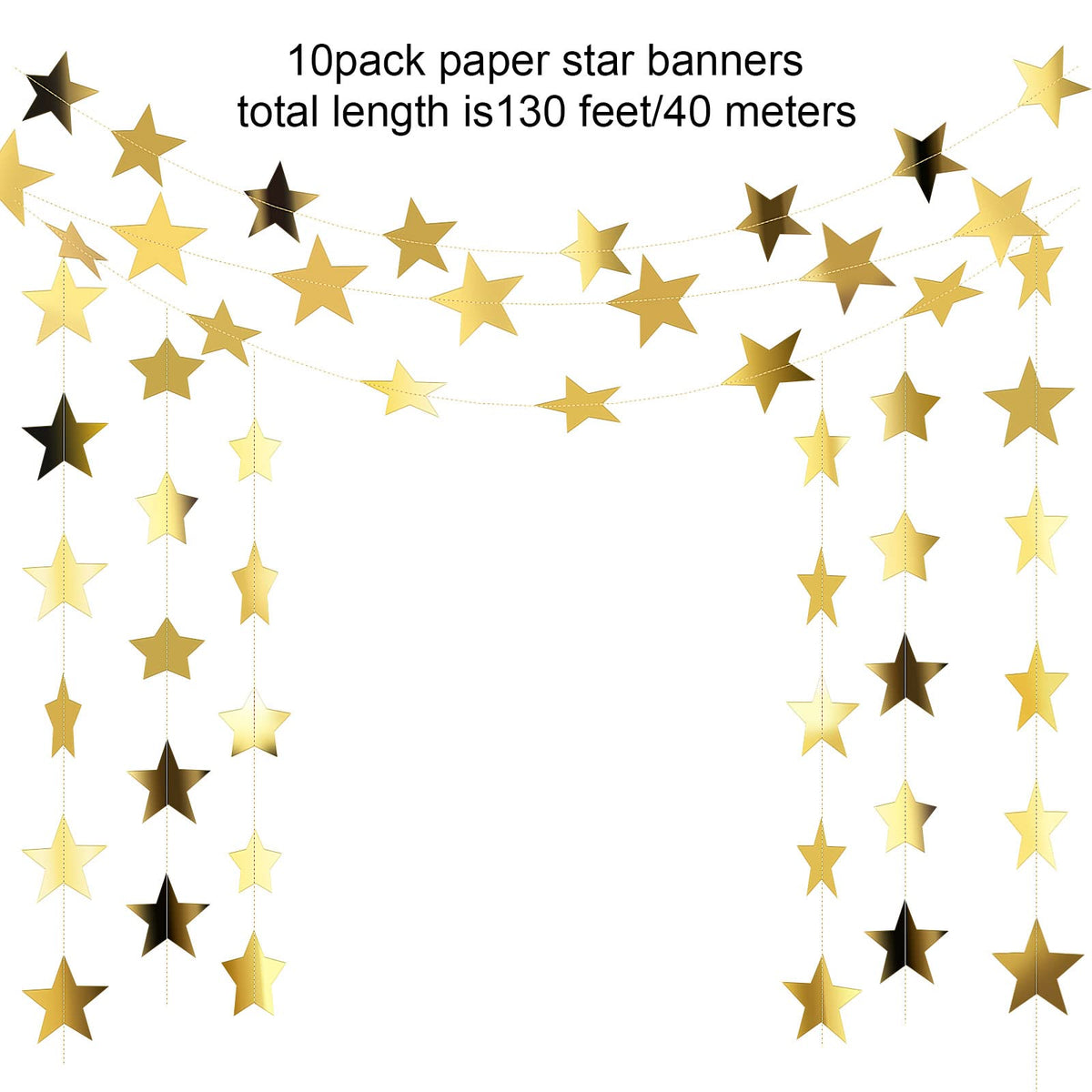Patelai 130 ft Star Garland Banner Decor, Gold | Glitter Star Hanging Streamer, Twinkle Backdrop, Christmas Decorations, Birthday Supplies, Homecoming Party Decorations