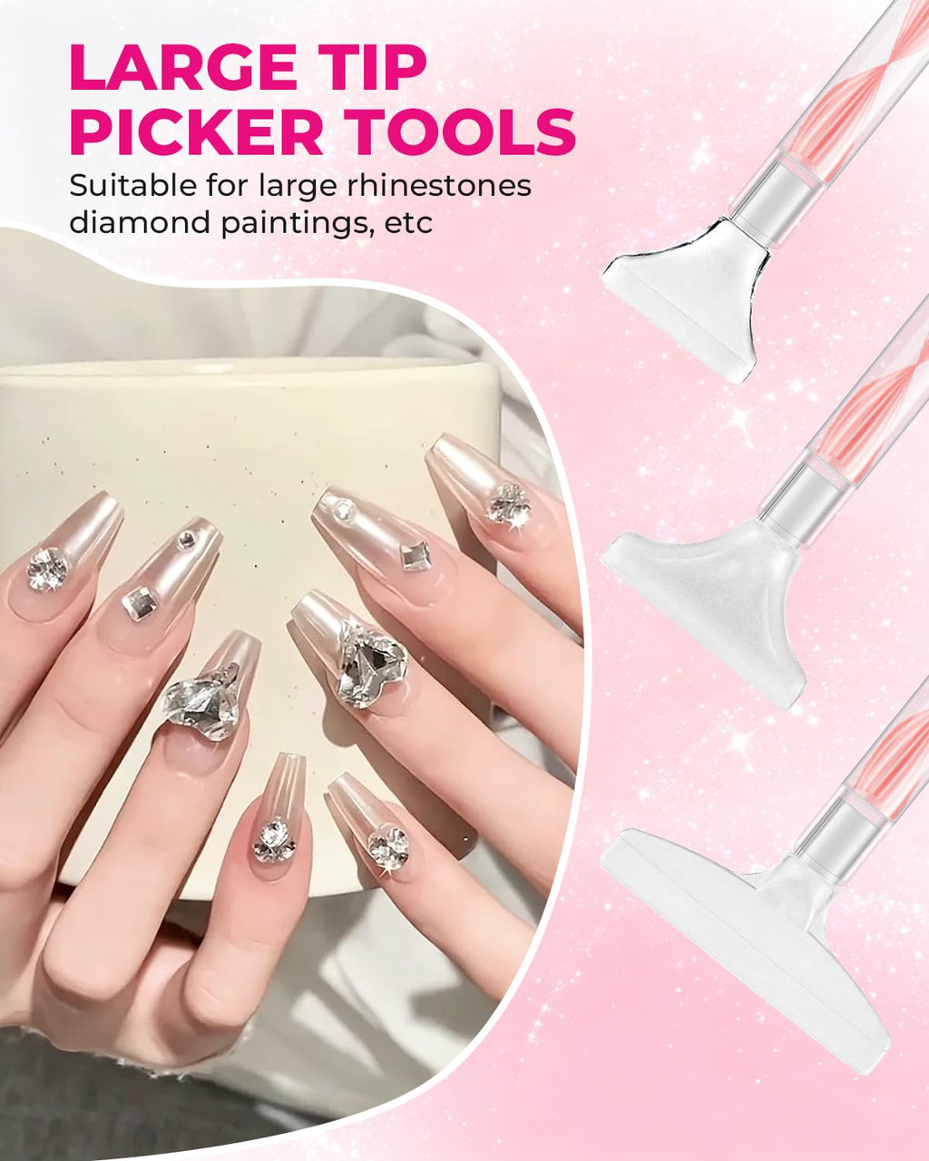 Rhinestone Picker Tool Kit: 2Pcs Rhinestone Picker Handle, Dual-Ended Rhinestones Applicator Dotting Pen with 12 Upgraded Plastic Replacement Tips, Clay, Bedazzling Tools for Nail Art Craft (Pink)
