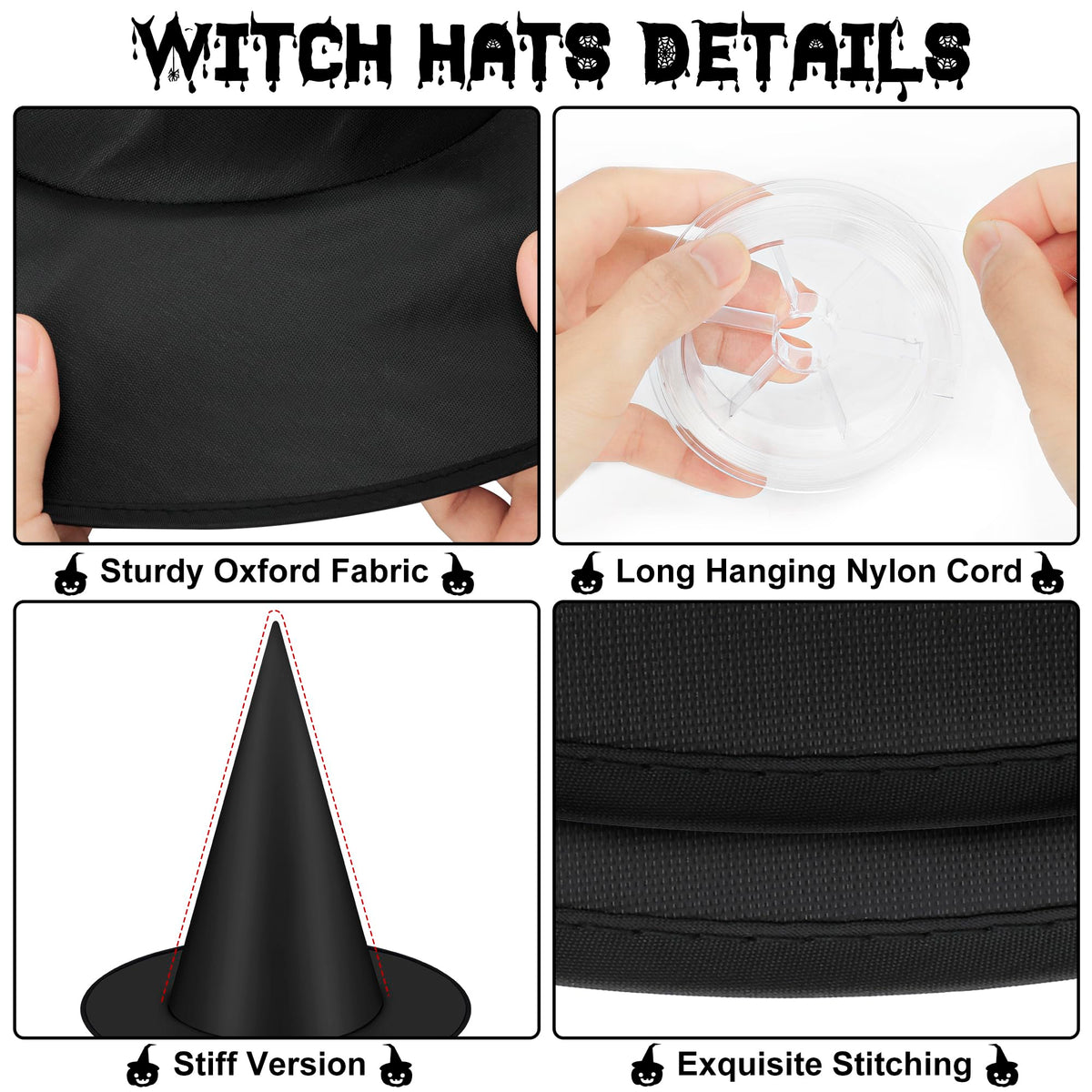 12 PCS Halloween Witch Hats, Black Hanging Witch Hats Porch Yard Decor | Witch Costume Accessories Witches Hat with 328 FT Nylon Cord Wizard Hats Indoor Outdoor Halloween Decorations
