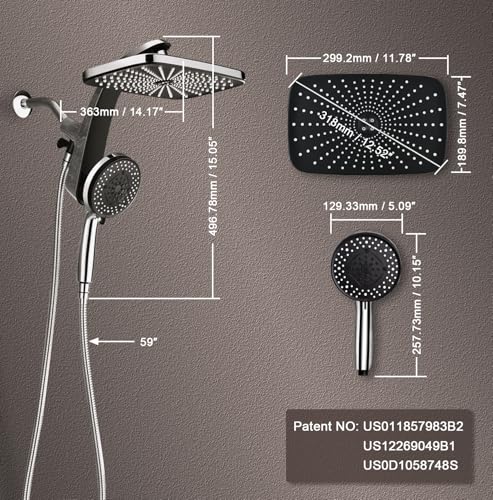 Rain Shower Head with Handheld Showerhead, Chrome 1.8GPM 460311 | 12" High Pressure Rainfall Shower Heads, 9 Sprays Handheld Showerheads, Magnetic Docking, Power Jets, 59" Shower Hose