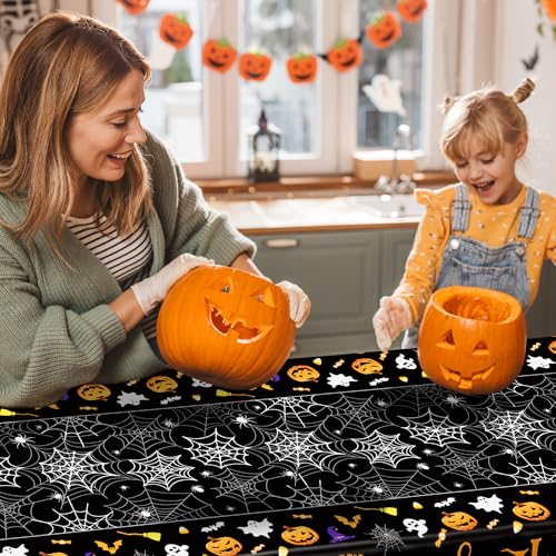 4 Pack Halloween Tablecloth 54 x 108 Inch Pumpkin Spider Web Table Cover | Disposable PE3 Plastic Tablecloth, Waterproof Tablecover for 6-8 Foot Tables, Halloween Pumpkin Decorations Party Tableware