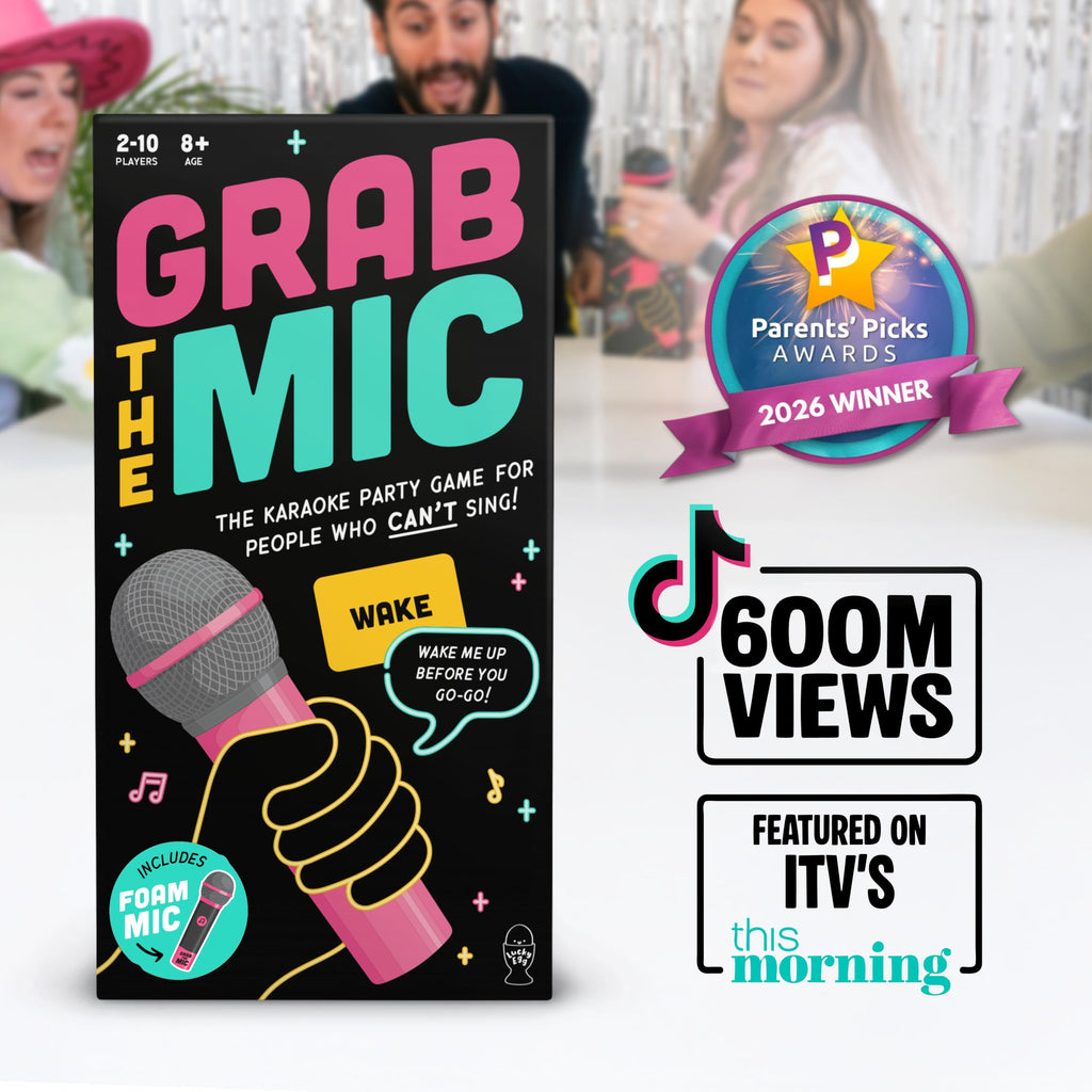 Grab The Mic - Award Winning Karaoke Party Game for Bad Singers w Foam Mic | 120 Word Cards (250 Words), 2-12 Players for Ages 8+. Perfect For Family Game Night, Birthdays & Sing-Off Parties.