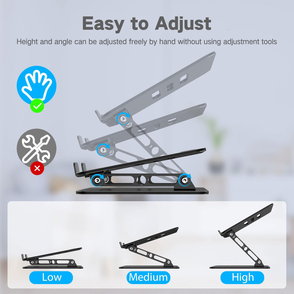 Gogoonike Adjustable Laptop Stand for Desk, Metal Laptop Riser Holder | Portable Desktop Book Stands, Foldable Ventilated Cooling Computer Notebook Stand Compatible with 10-15.6” Laptops, Tablets