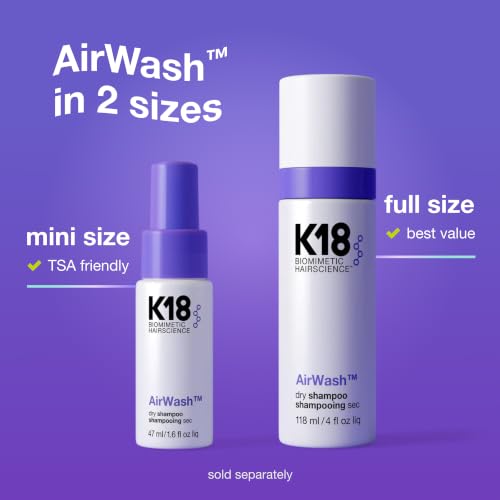 K18 AirWash Travel Non Aerosol Dry Shampoo Spray, 1.6 Fl Oz | Eliminate Odor, Reduce Oil + Sweat, No White Cast or Heavy Fragrance, Fresh Hair + Scalp for 3 Days