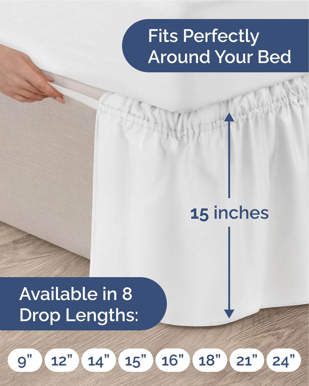 CGK Wrap Around Dust Ruffle Bed Skirt - Queen Size, 15" Inch, White | Easy Fit Elastic Strap, Adjustable Pleated Bedskirt w/Brushed Fabric, Wrinkle & Fade Free, for Women, Men, Kids & Teens